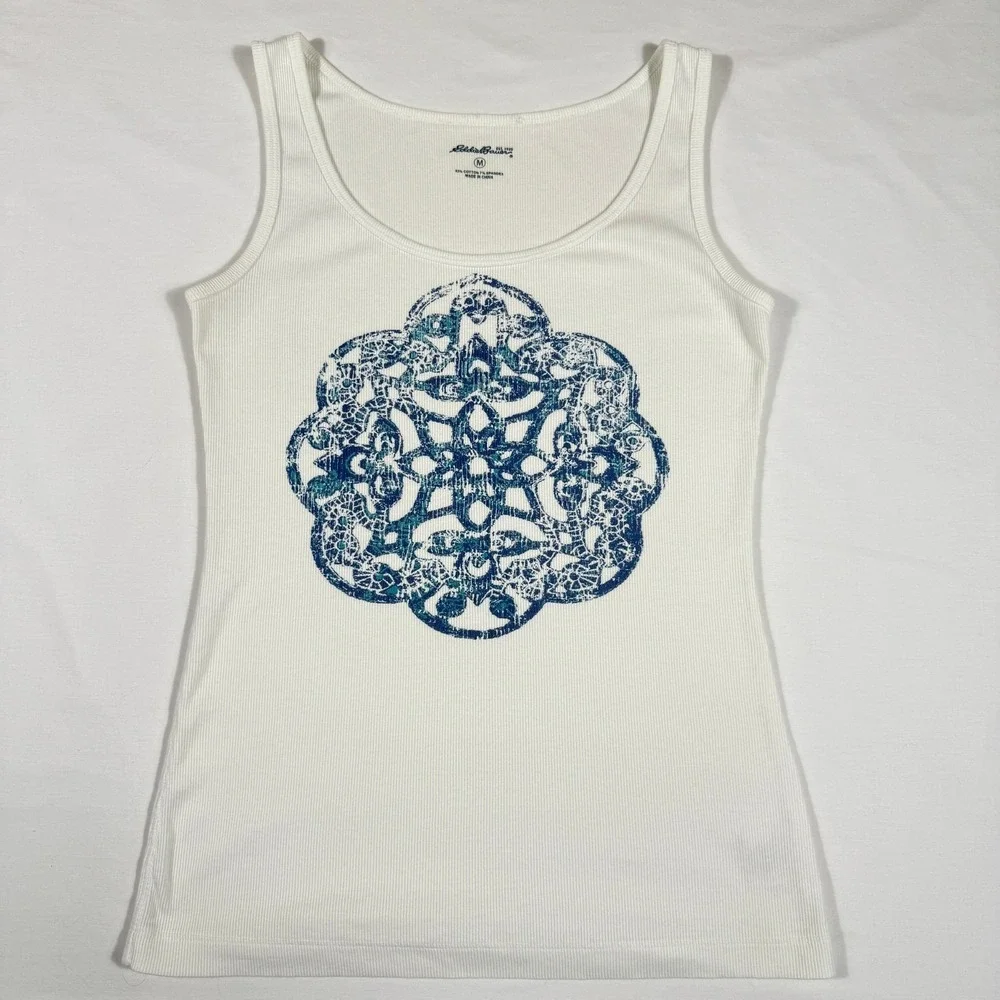 Eddie Bauer Womens Tank Top Sleveless White Blue Mandala Size M Yoga Athletic - Picture 2 of 12